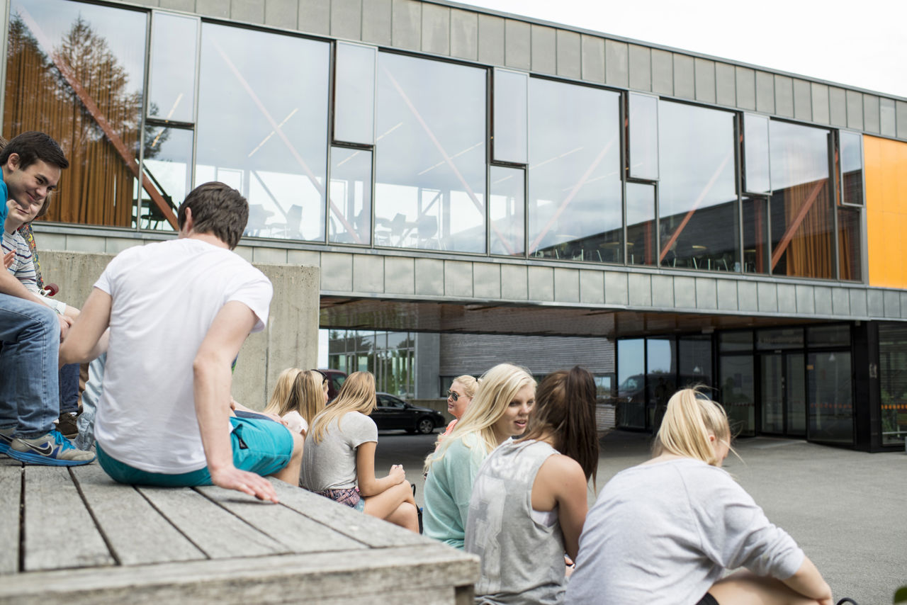 Elevar sit i trappene framfor skulen i sommerkler